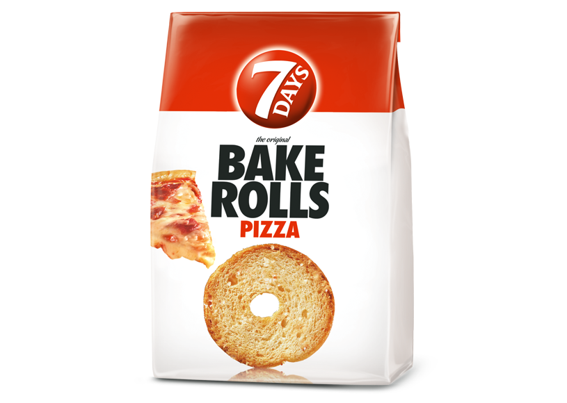 7 Days Bake Rolls pizza flavour 80g – reduced price, BB 19.05.2025 – crunchy snack with tomato, cheese and herbs