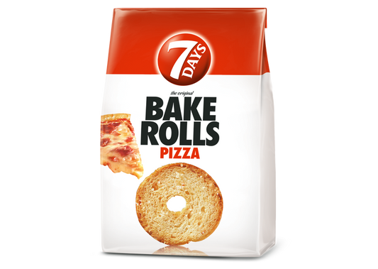 7 Days Bake Rolls pizza flavour 80g – reduced price, BB 19.05.2025 – crunchy snack with tomato, cheese and herbs